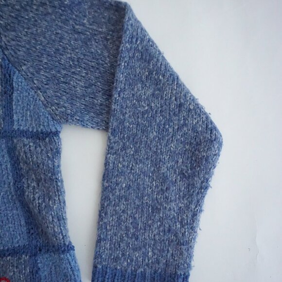 Vintage Koret City Blue Patchwork Heart Embroidered Snowflakes Knit Cardigan L - Picture 4 of 10
